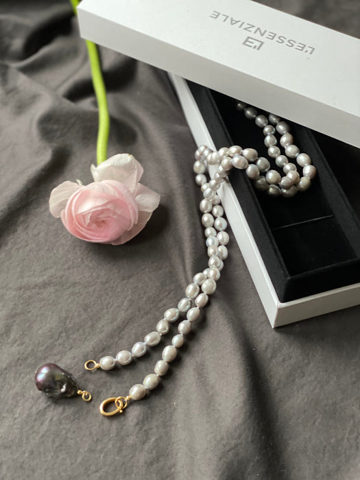 Long grey pearl necklace with baroque pearl charm