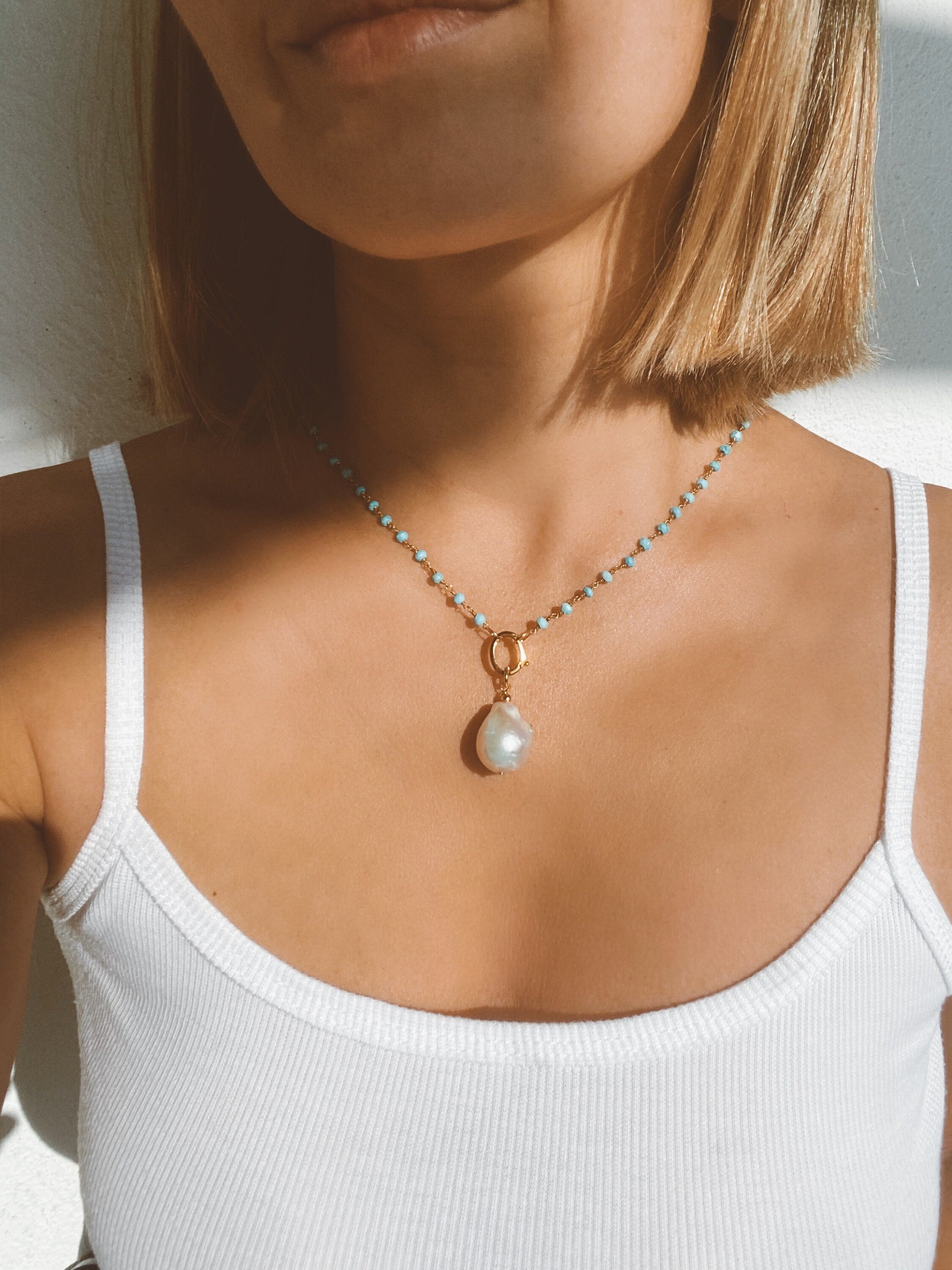 Turquoise rosary chain with baroque pearl pendant, gold plated turquoise rosary