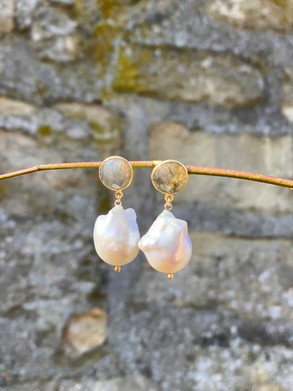 Labradorite and natural white baroque pearl drop earrings