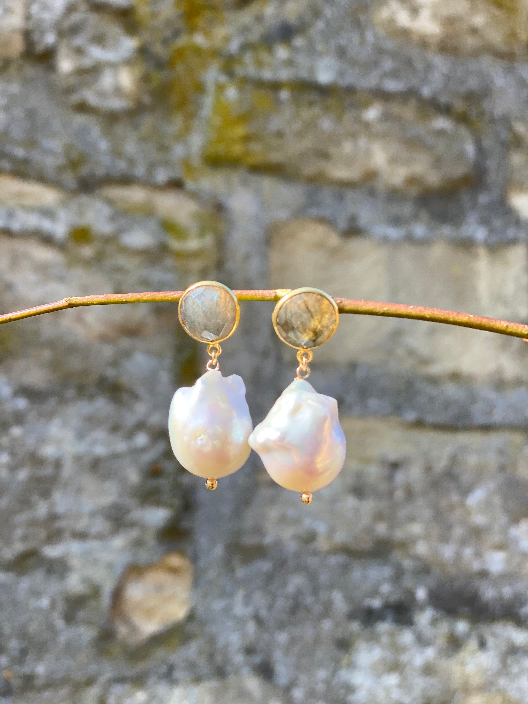 Labradorite and natural white baroque pearl drop earrings
