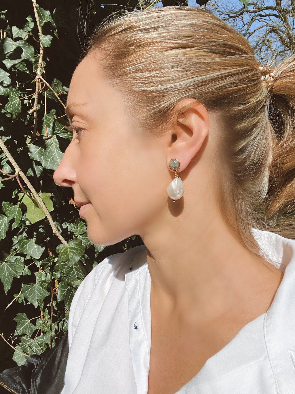 Labradorite and natural white baroque pearl drop earrings