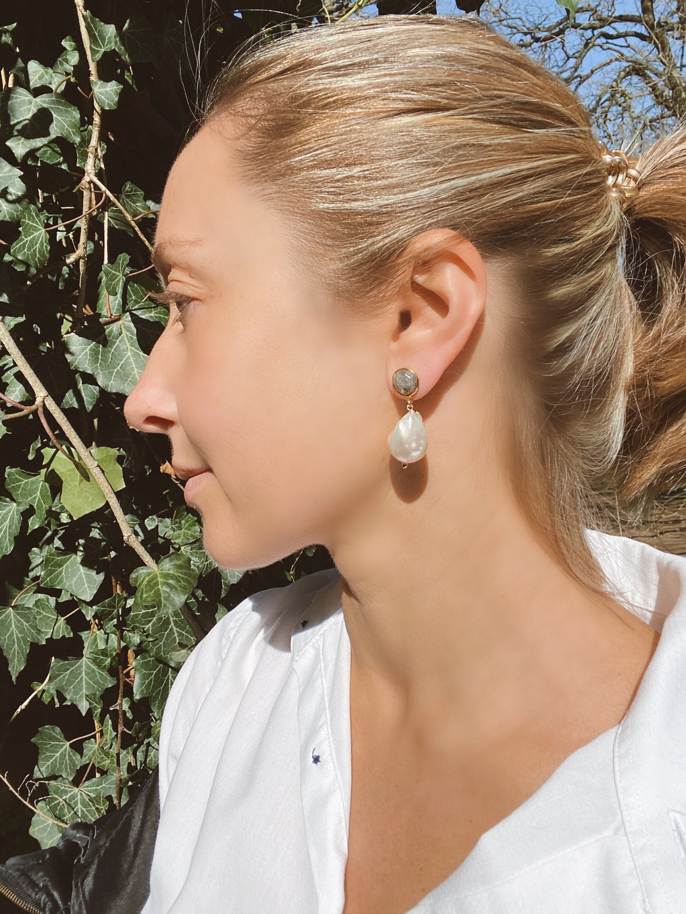 Labradorite and natural white baroque pearl drop earrings