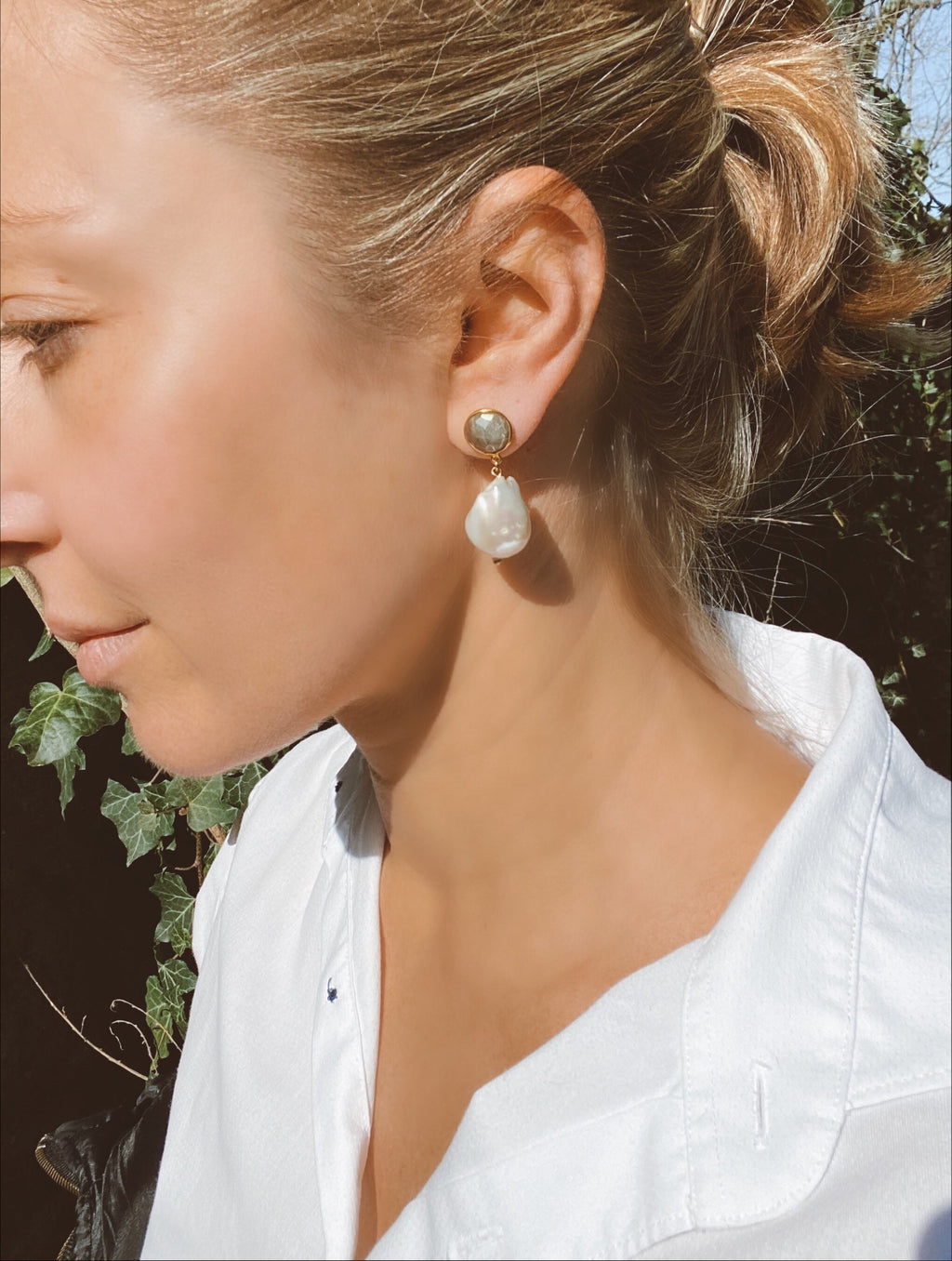 Labradorite and natural white baroque pearl drop earrings