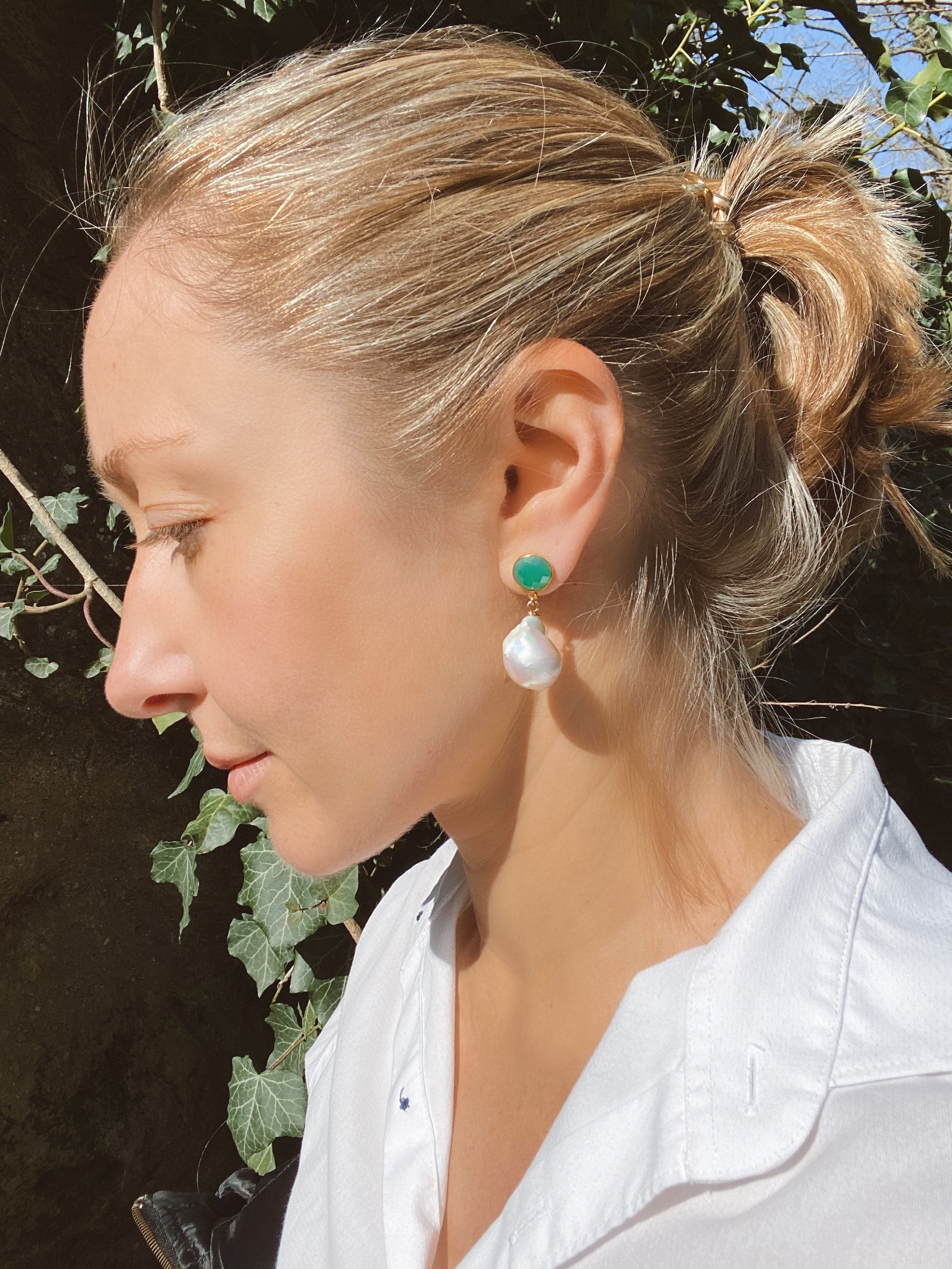 Green Onyx And Baroque Pearl Earrings