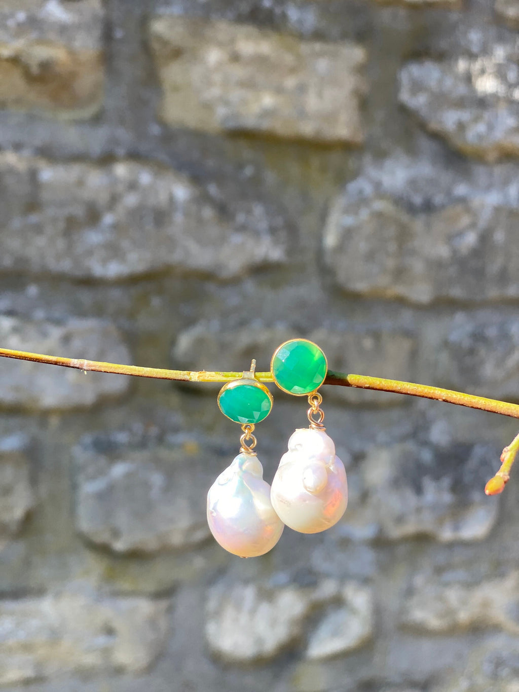 Green Onyx And Baroque Pearl Earrings