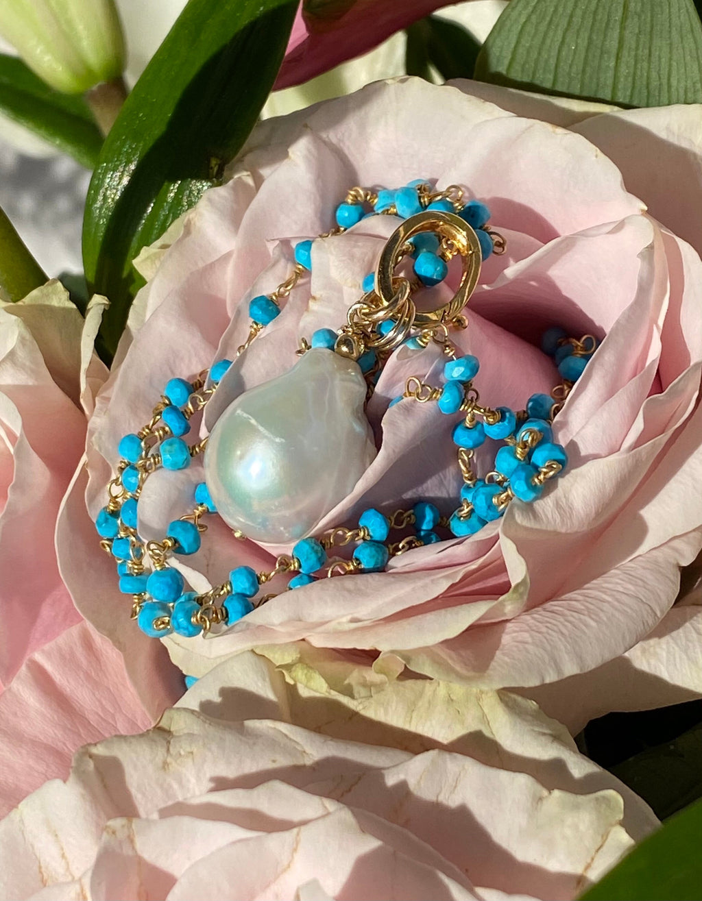 Turquoise rosary chain with baroque pearl pendant, gold plated turquoise rosary