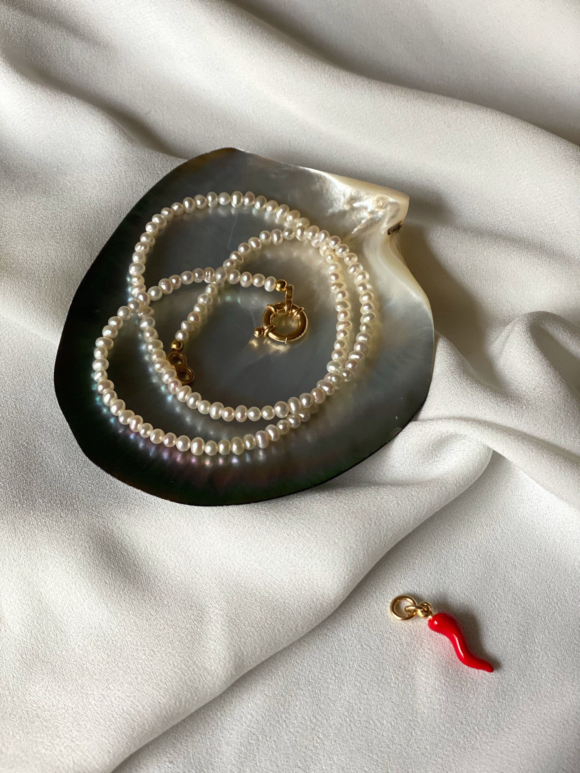 Tiny pearl necklace red chili pendant
