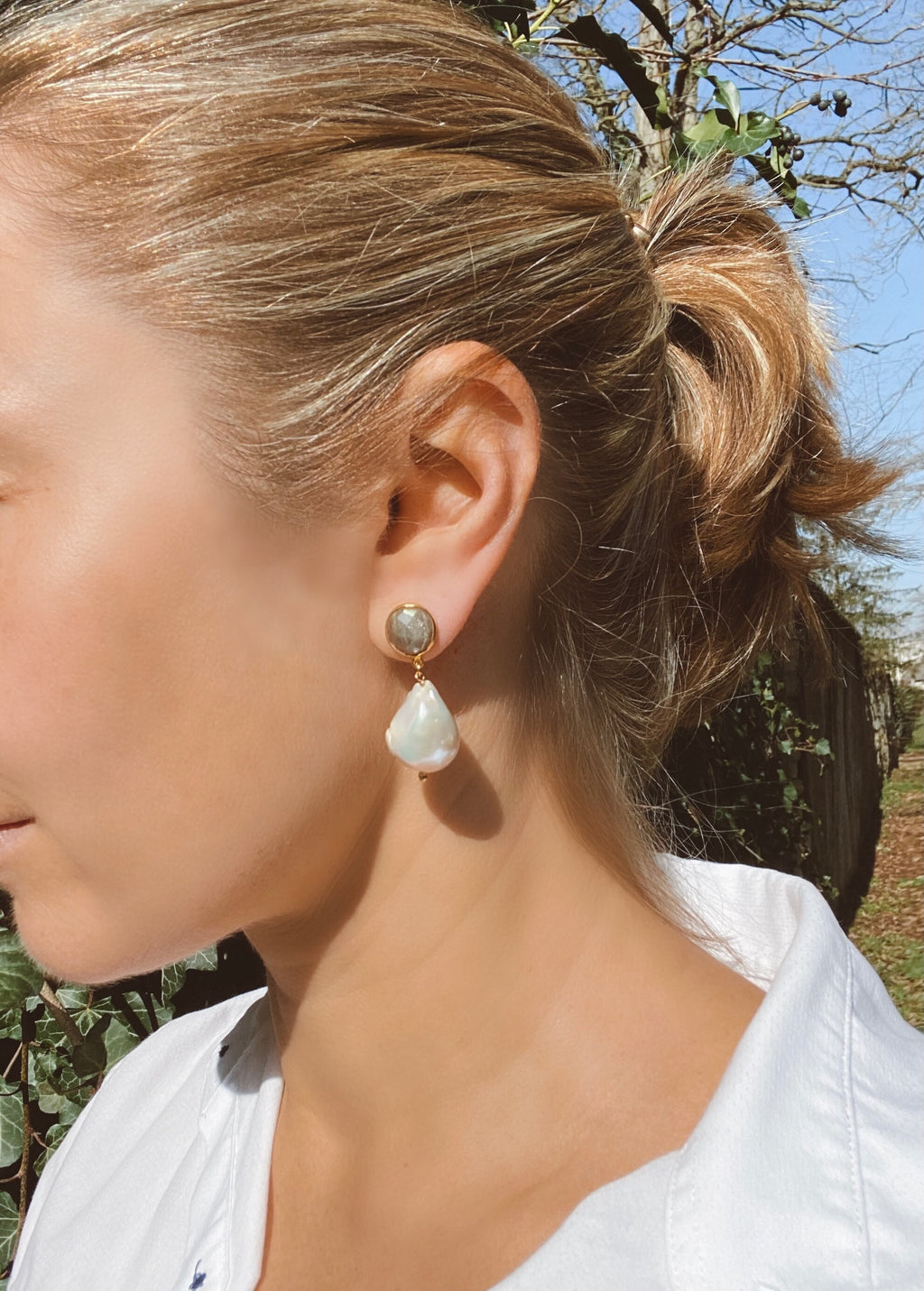 Labradorite and natural white baroque pearl drop earrings