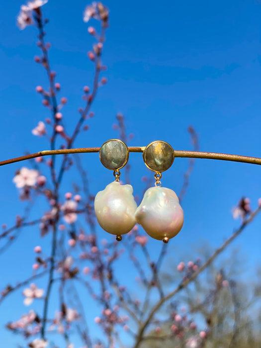 Labradorite and natural white baroque pearl drop earrings