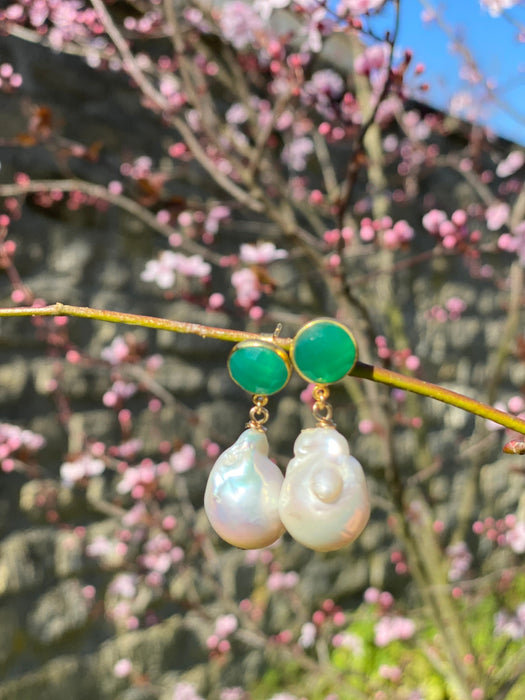 Green onyx and natural baroque pearl earrings, gold plated silver