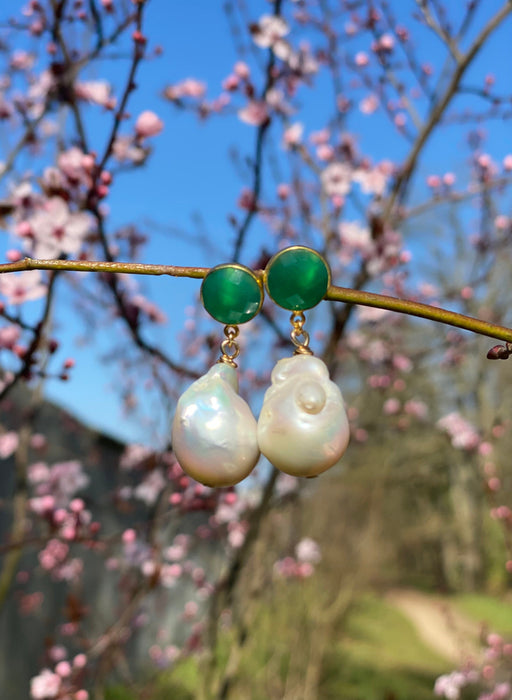 Green onyx and natural baroque pearl earrings, gold plated silver