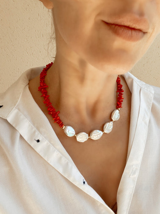 Red coral and baroque coin pearls necklace, gold filled 925 silver