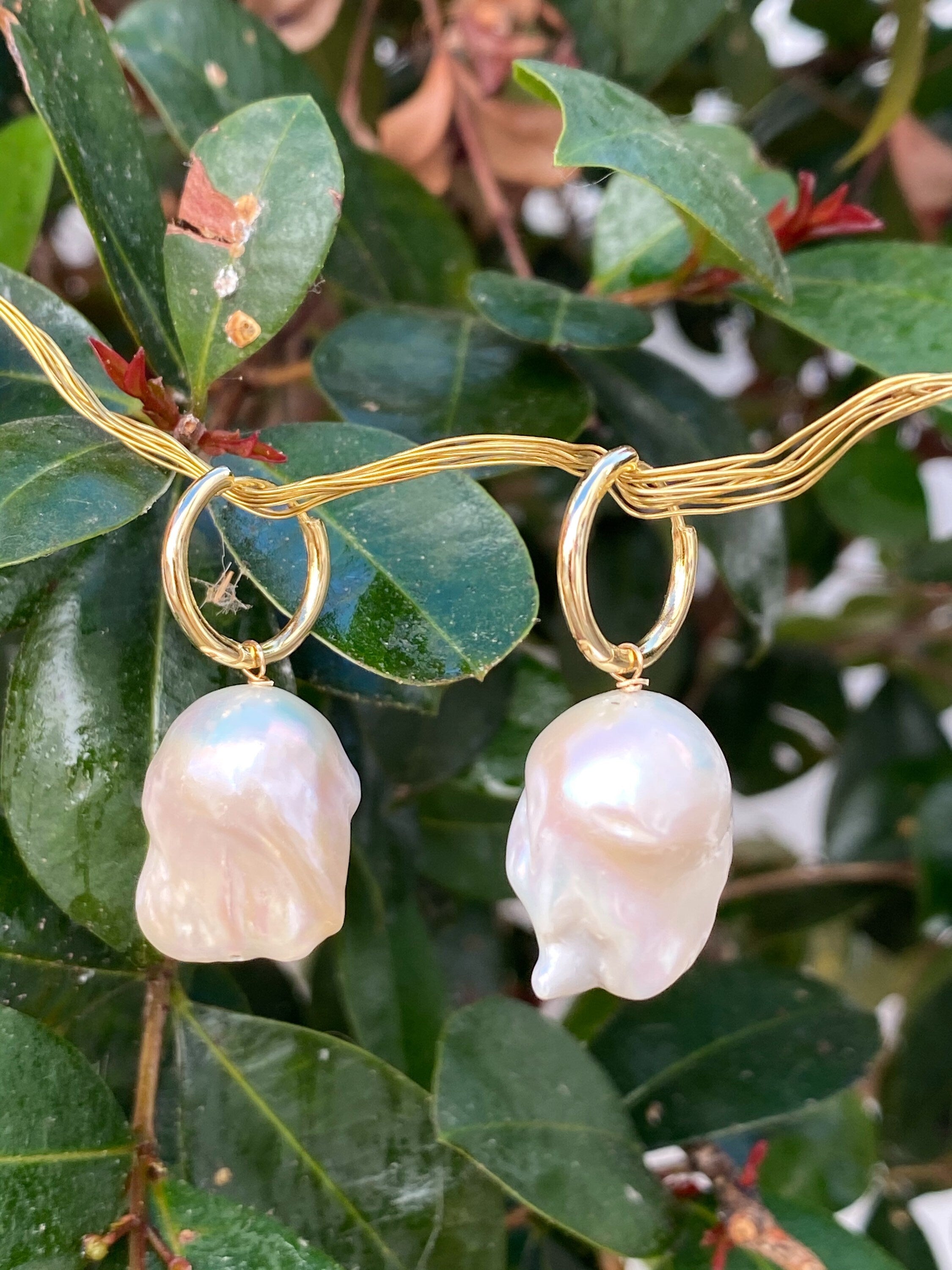White baroque pearl hoop earrings