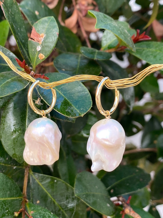 White baroque pearl hoop earrings, flame pearls earrings, gold plated 925 silver