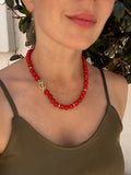 Red coral and gold vermeil beaded necklace, toggle closure, classic necklace