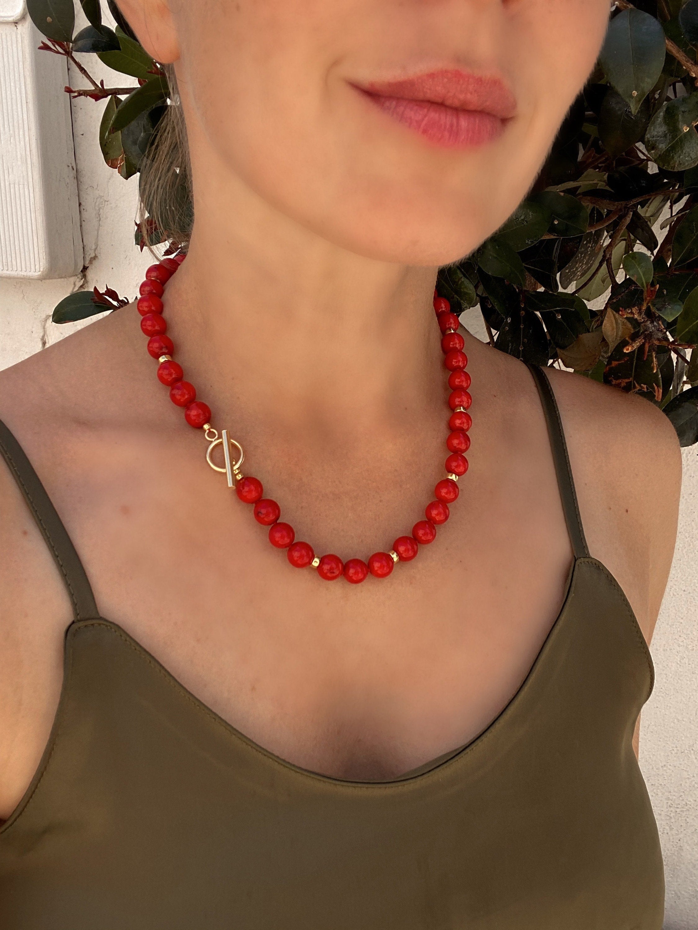 Red coral and gold vermeil beaded necklace, toggle closure, classic necklace