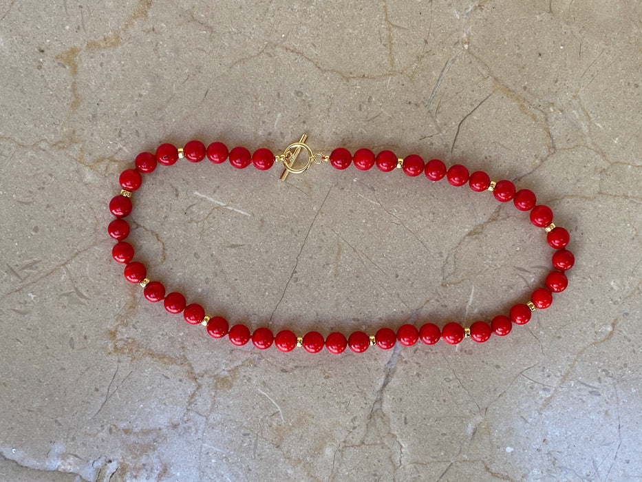 Red coral and gold vermeil beaded necklace, toggle closure, classic necklace