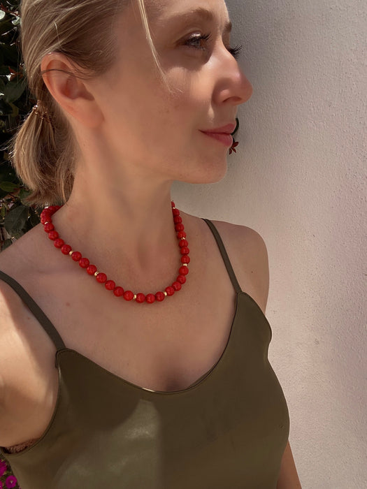 Red coral and gold vermeil beaded necklace, toggle closure, classic necklace