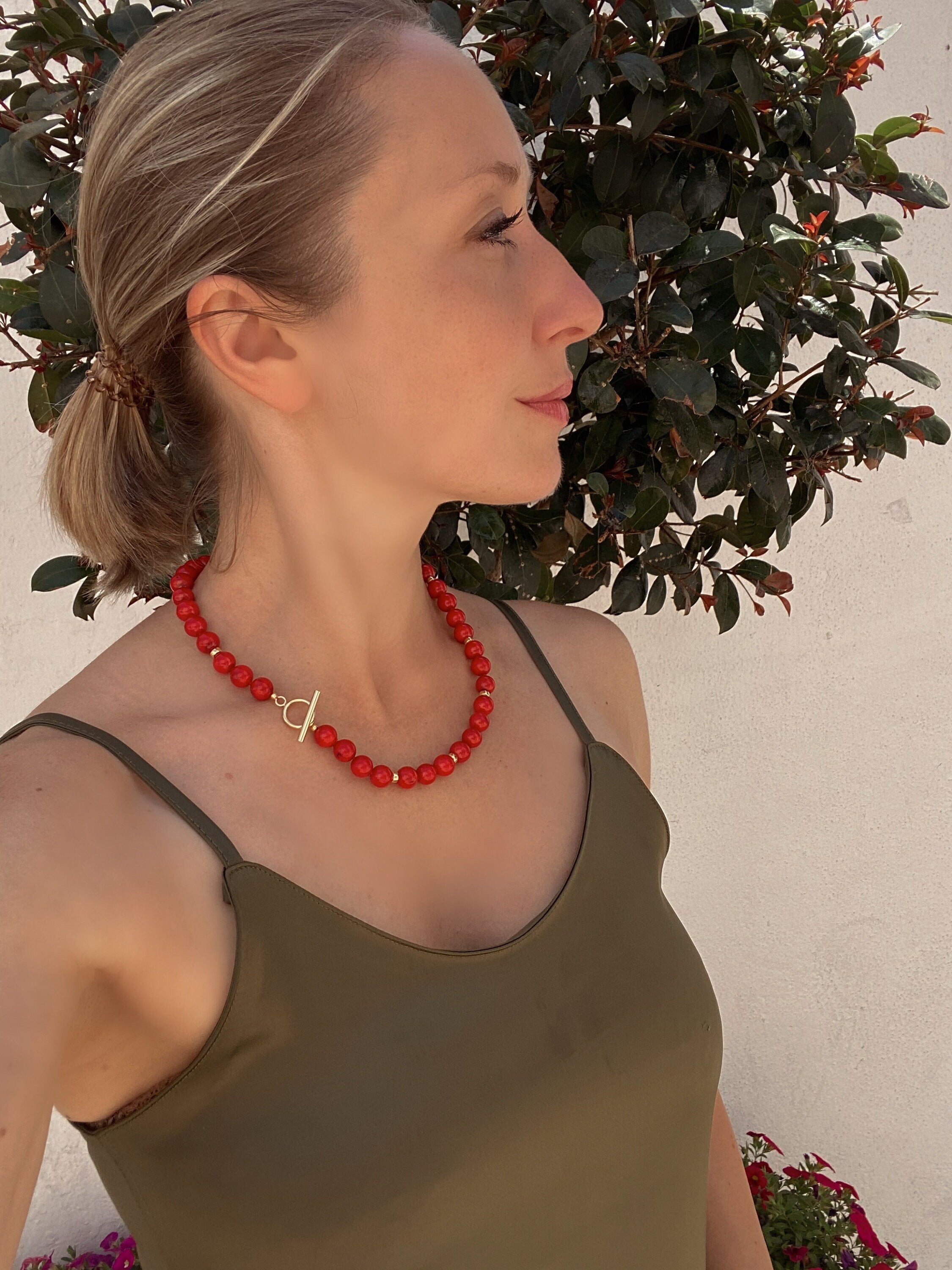 Red coral and gold vermeil beaded necklace, toggle closure, classic necklace
