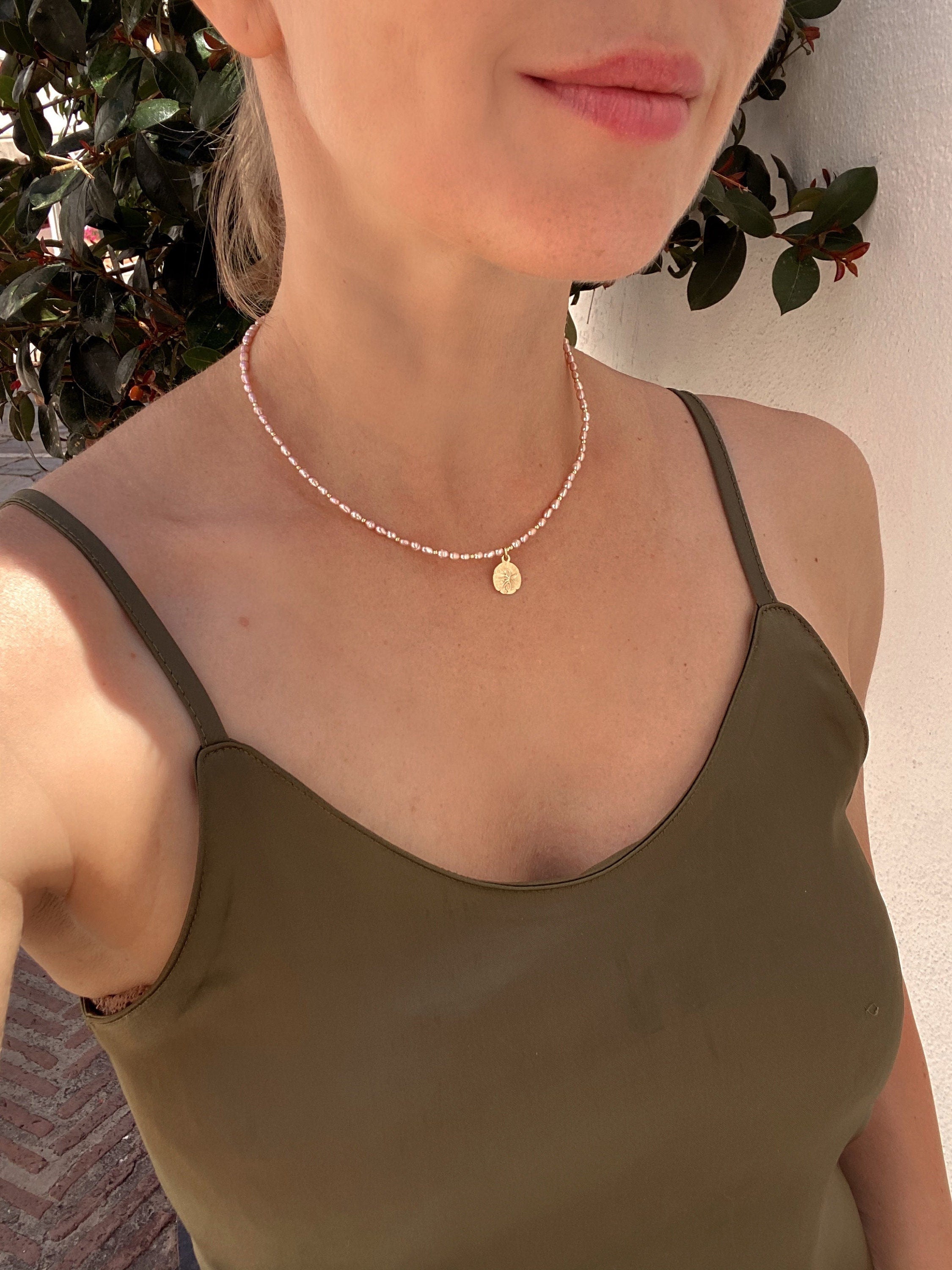 Pink fresh water pearls chain with, gold vermeil shell pendant, pink mini pearl necklace