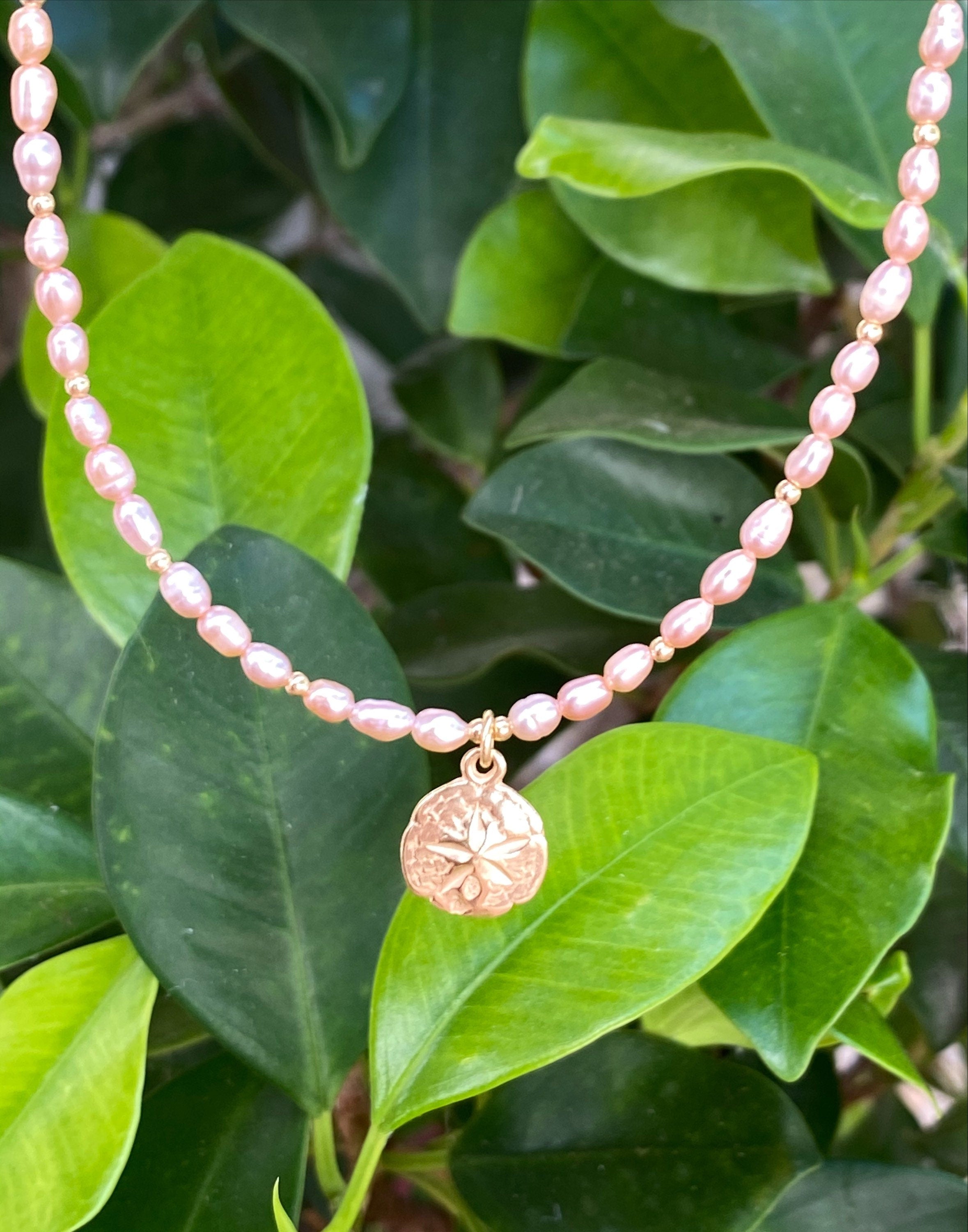 Pink fresh water pearls chain with, gold vermeil shell pendant, pink mini pearl necklace