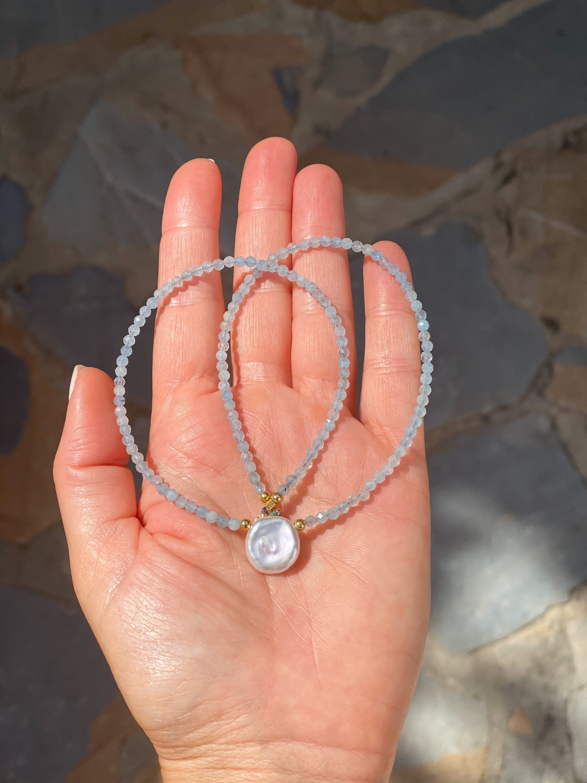 Aquamarine and keshi pearl necklace