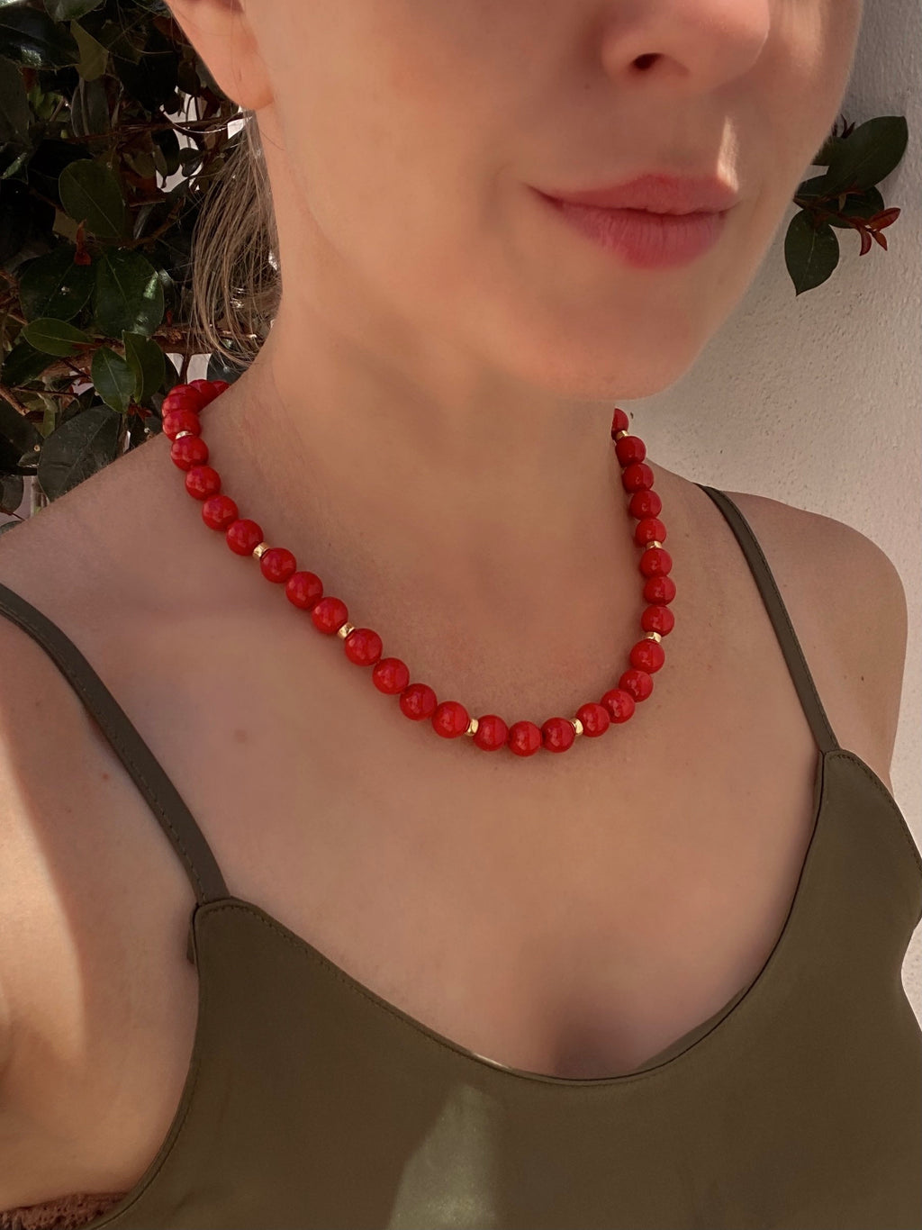 Red coral and gold vermeil beaded necklace, toggle closure, classic necklace