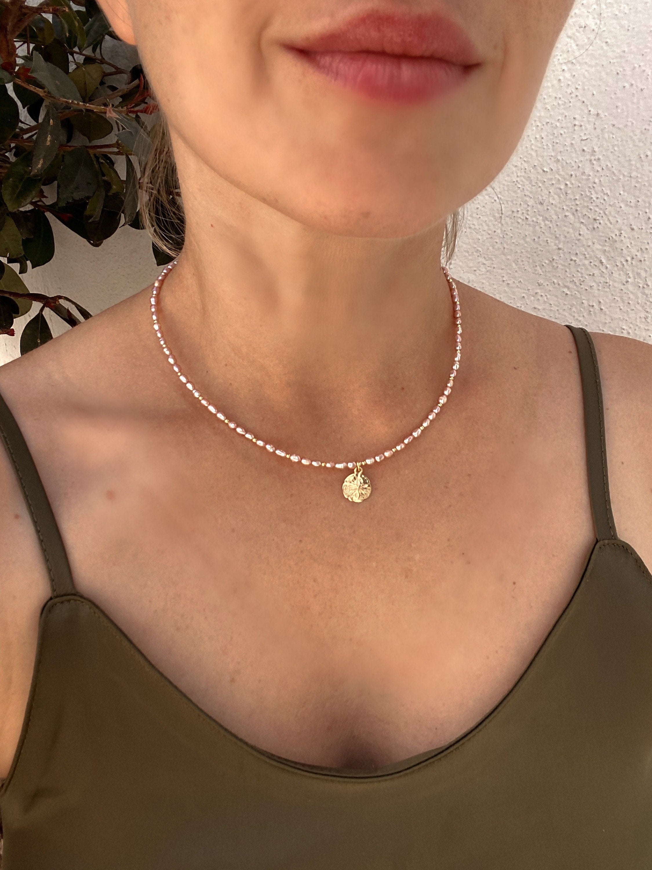 Pink fresh water pearls chain with, gold vermeil shell pendant, pink mini pearl necklace