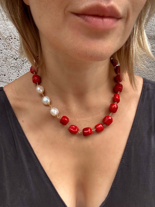 Baroque fresh water pearls and red coral necklace, gold plated silver, bib necklace, statement jewelry
