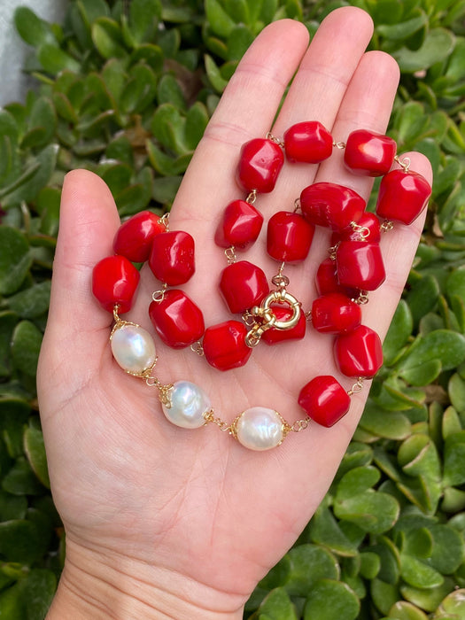 Baroque fresh water pearls and red coral necklace, gold plated silver, bib necklace, statement jewelry