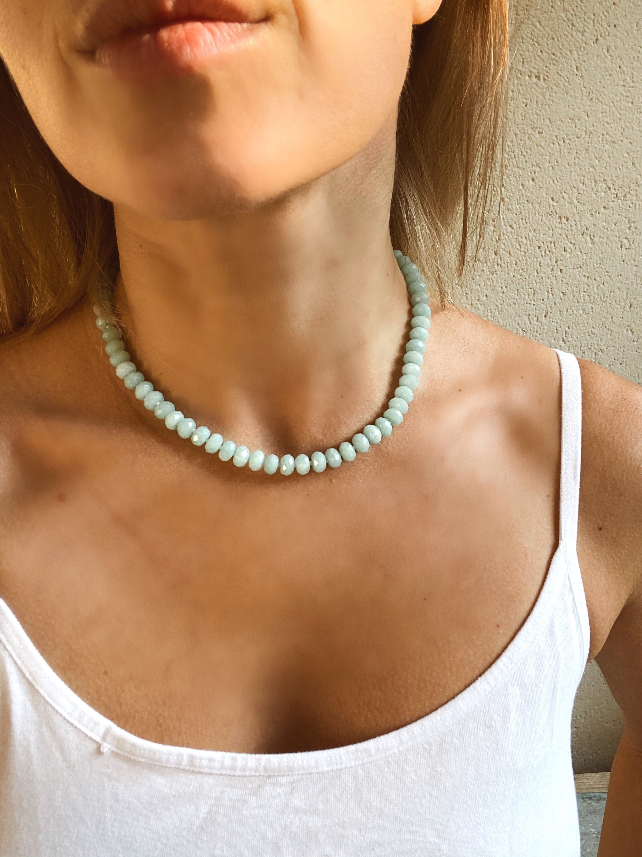 Amazonite rondelle beads necklace, pearl pendant, hand knotted necklace