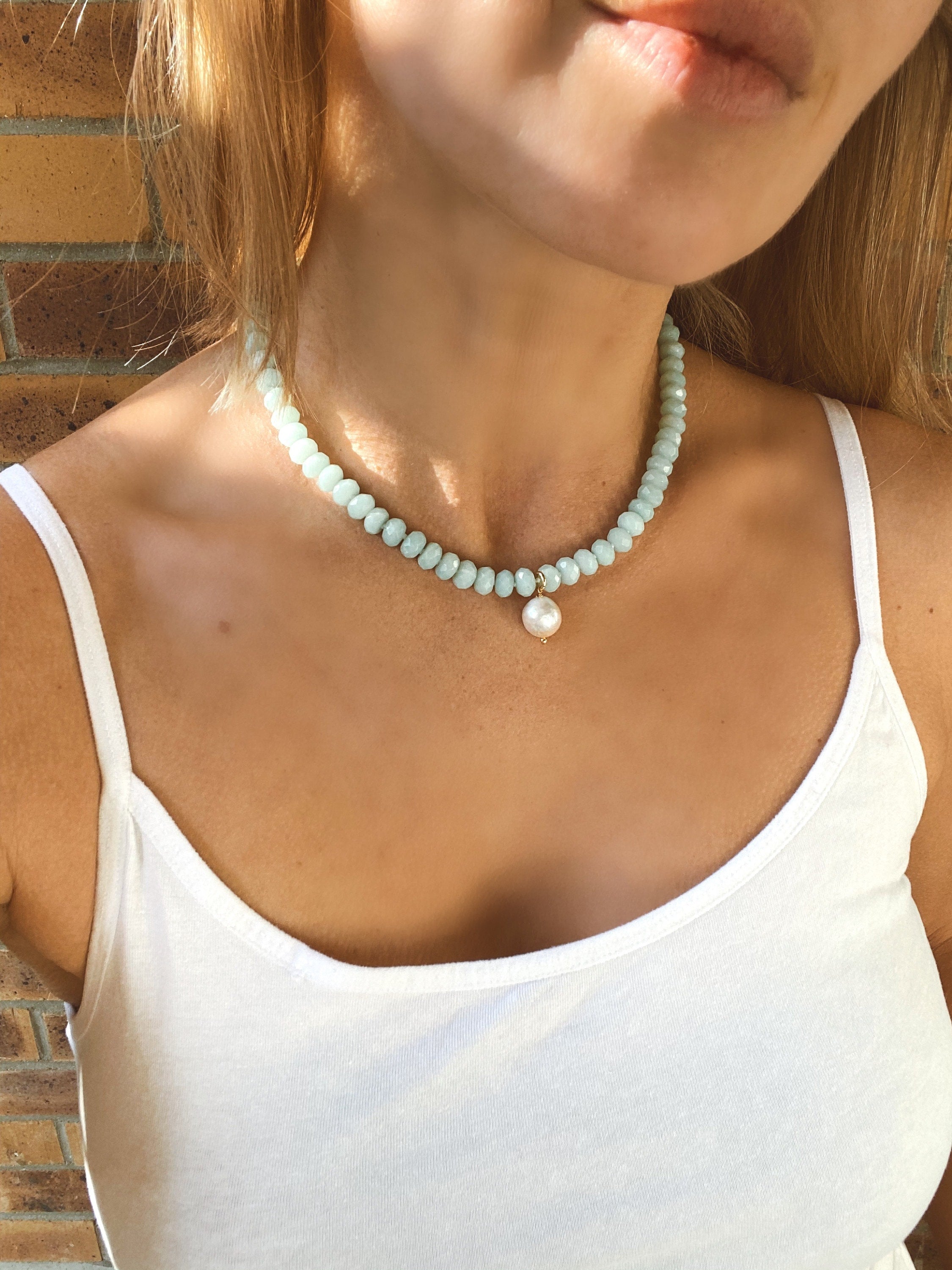 Amazonite rondelle beads necklace, pearl pendant, hand knotted necklace