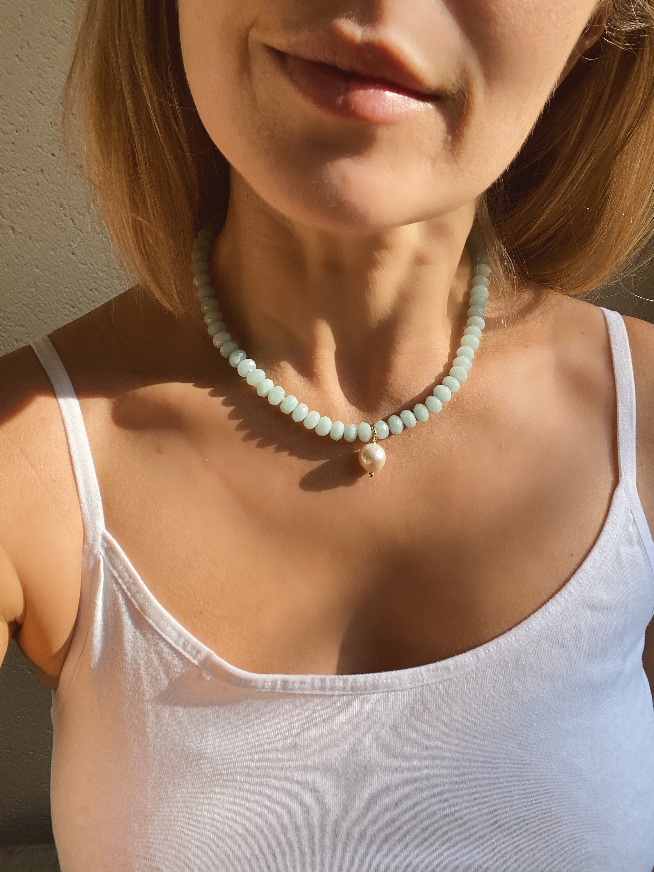 Amazonite rondelle beads necklace, pearl pendant, hand knotted necklace