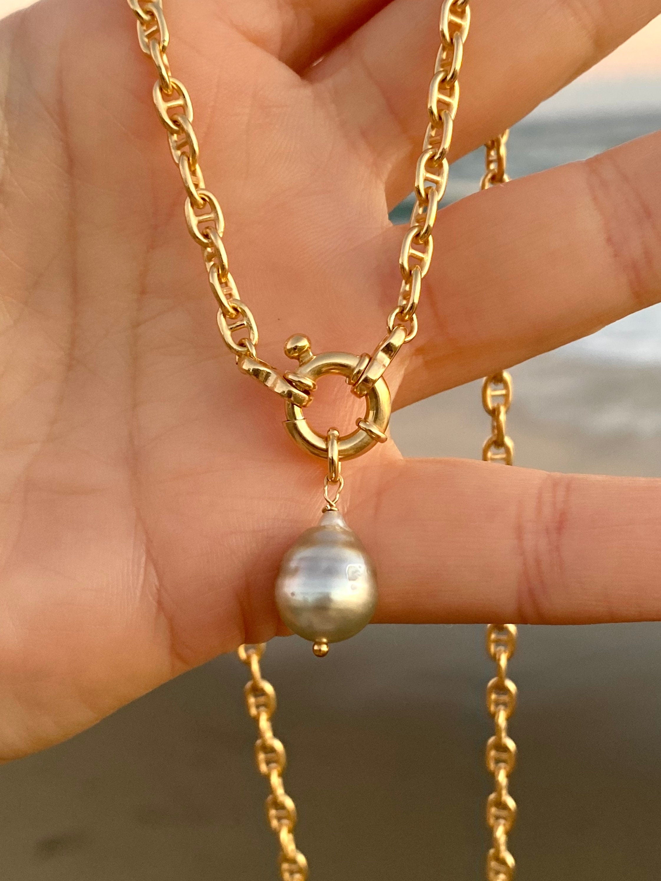 Marine gold plated silver chain with Tahitian pearl pendant