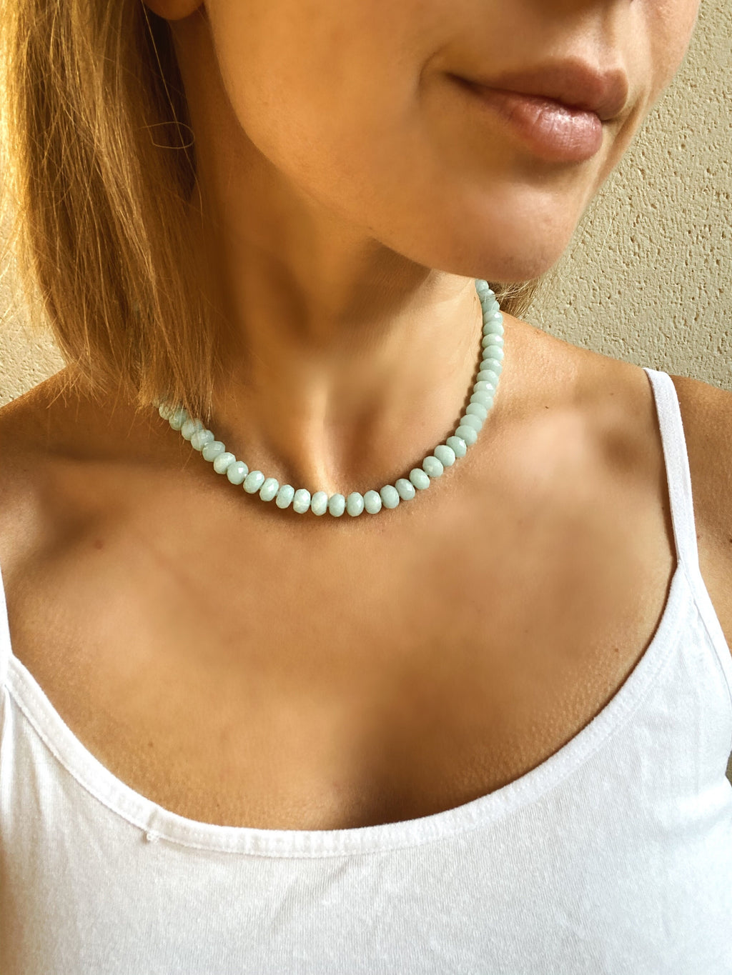 Amazonite rondelle beads necklace, pearl pendant, hand knotted necklace