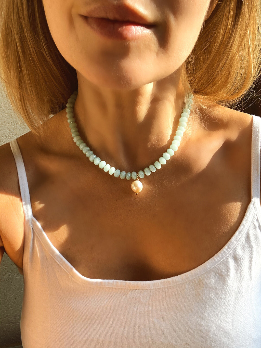 Amazonite rondelle beads necklace, pearl pendant, hand knotted necklace