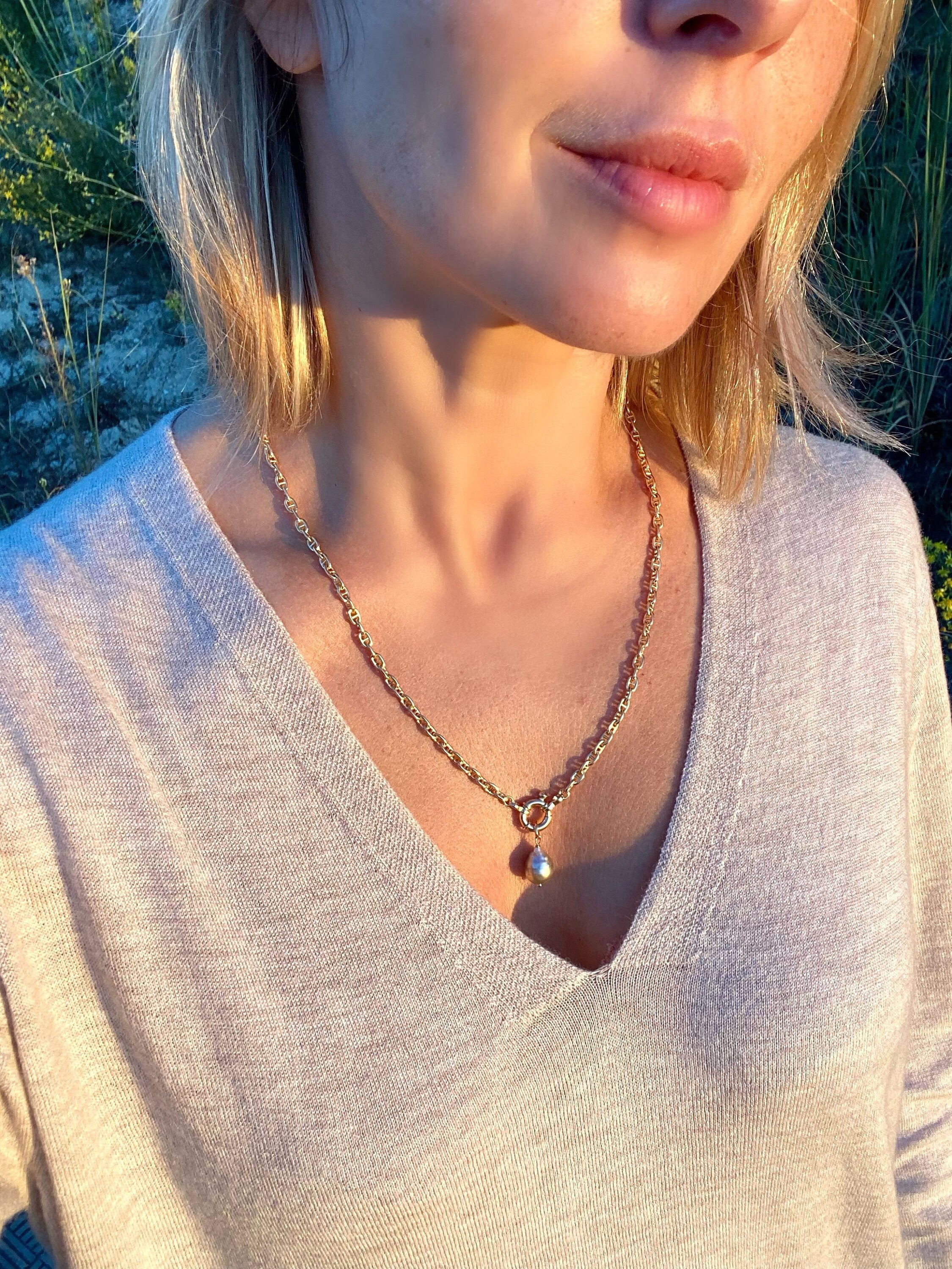 Marine gold plated silver chain with Tahitian pearl pendant