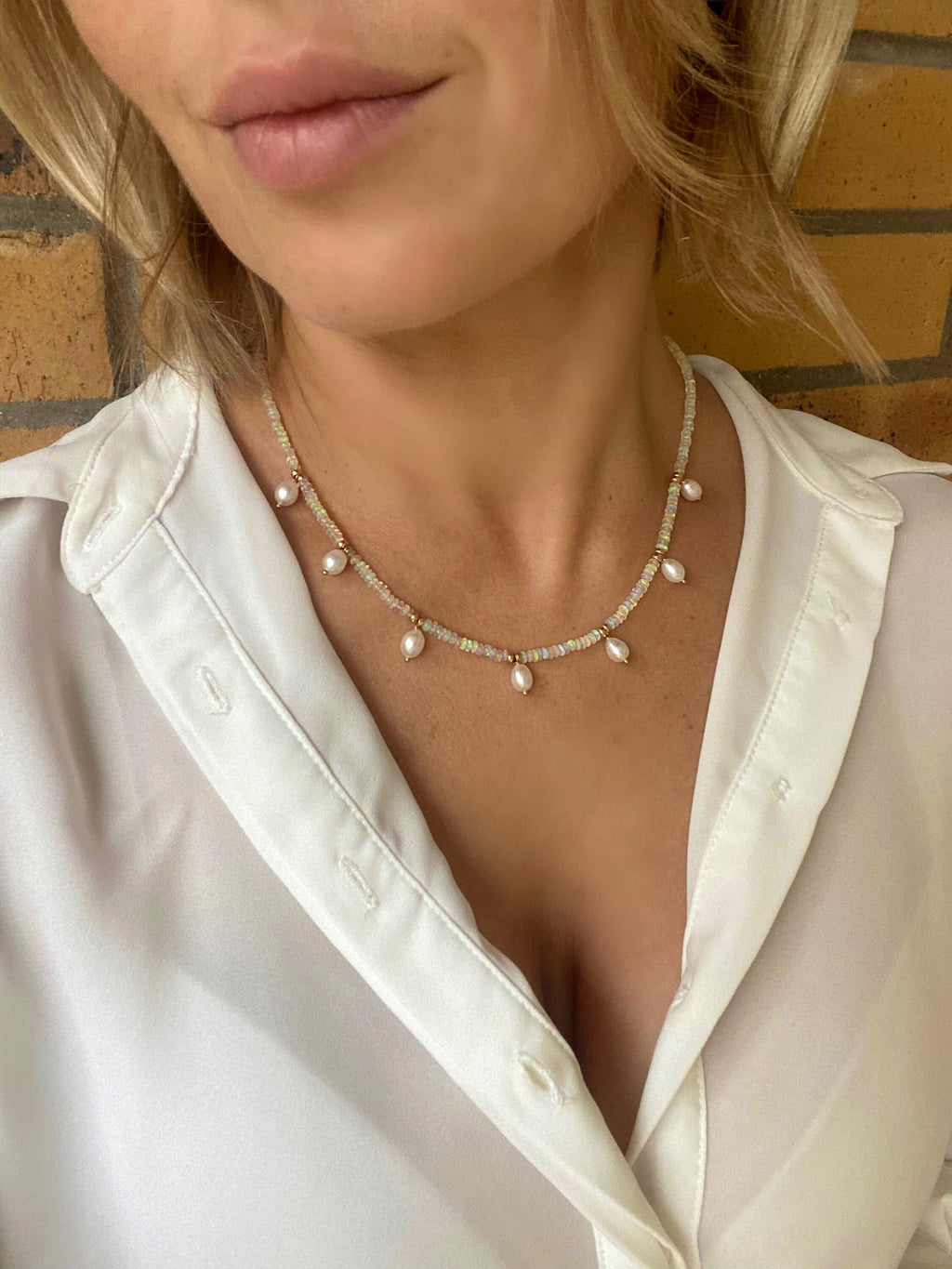 Ethiopian opal and fresh water pearl necklace