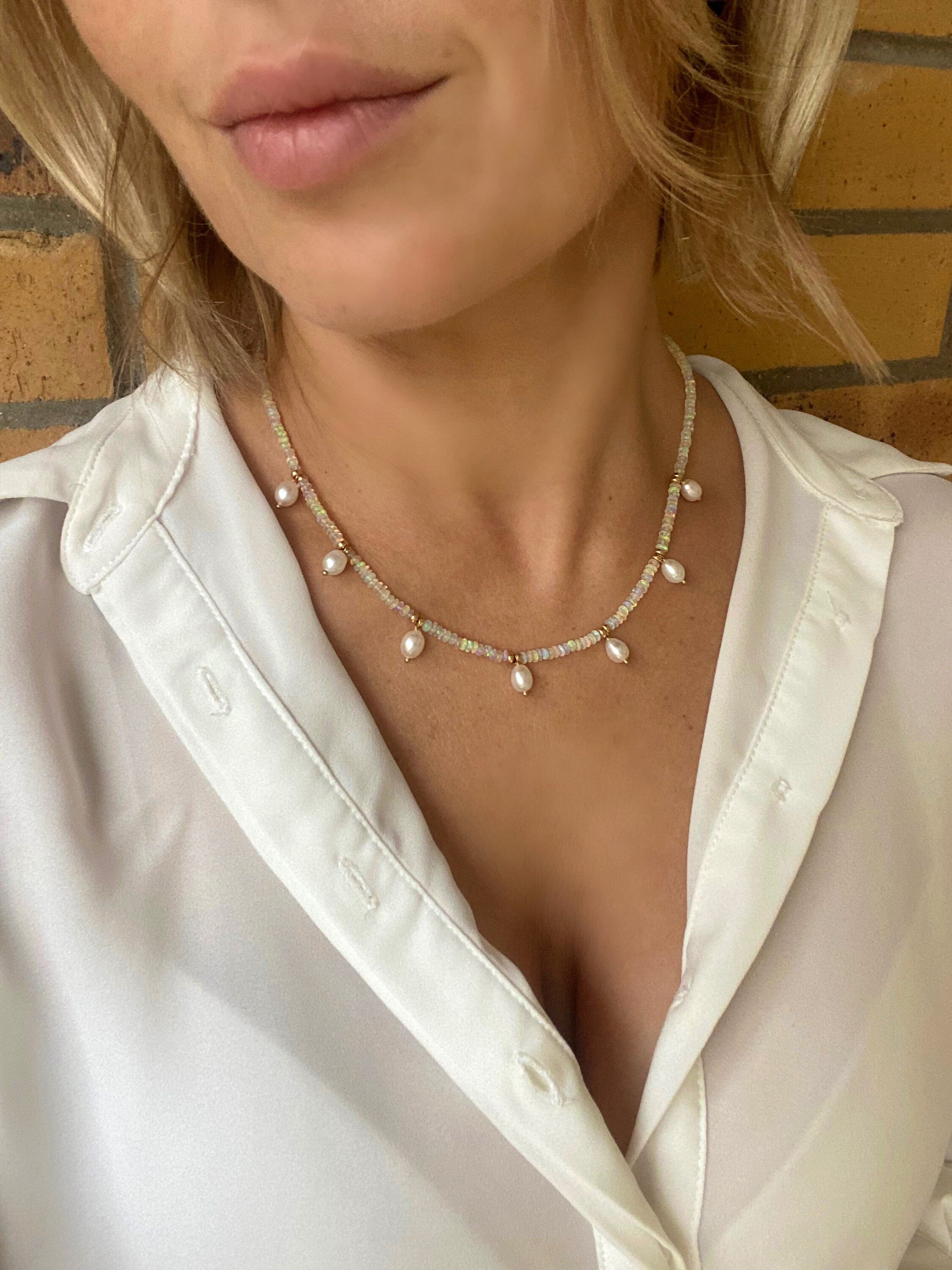 Ethiopian opal and fresh water pearl necklace