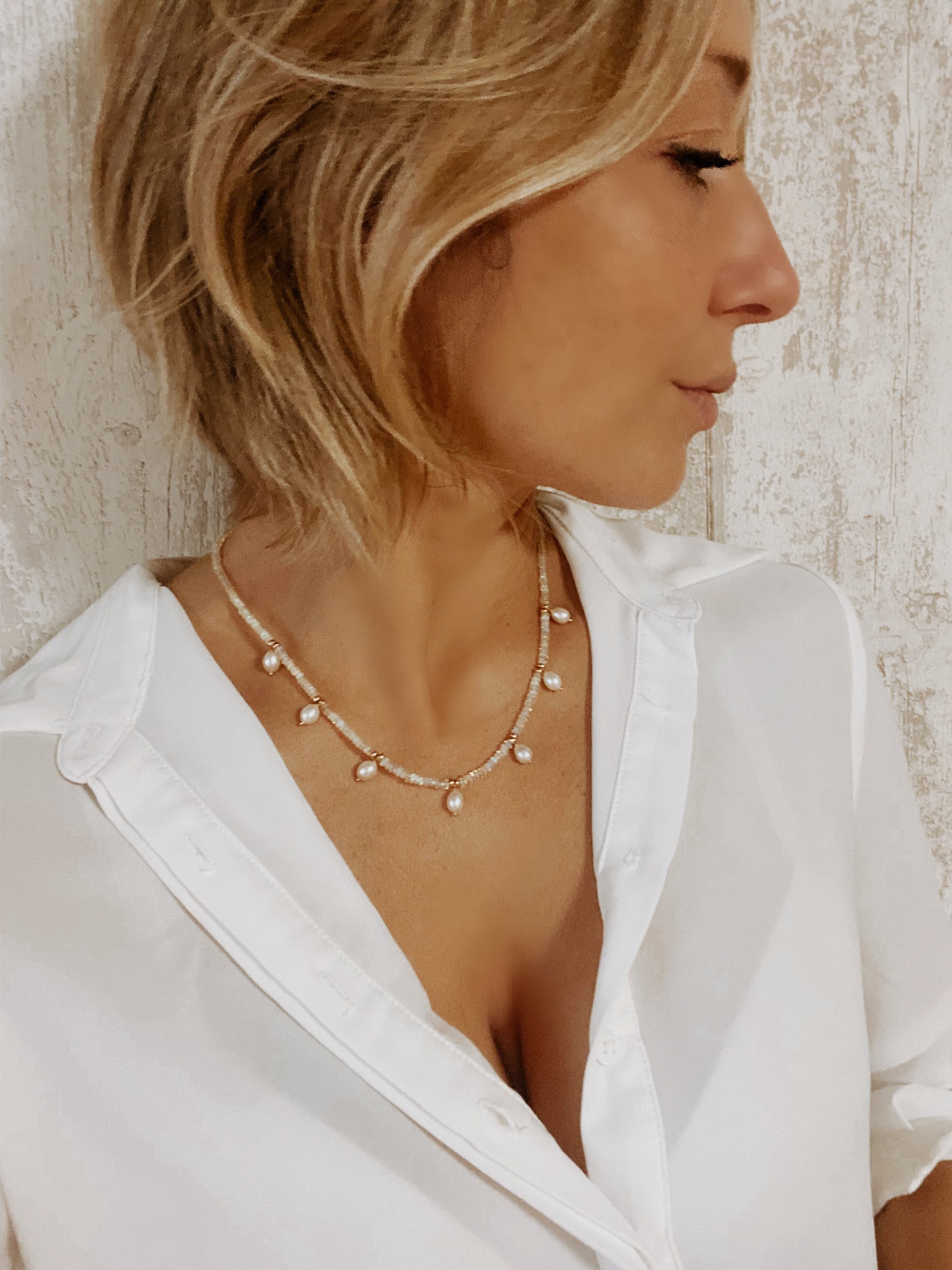 Ethiopian opal and fresh water pearl necklace