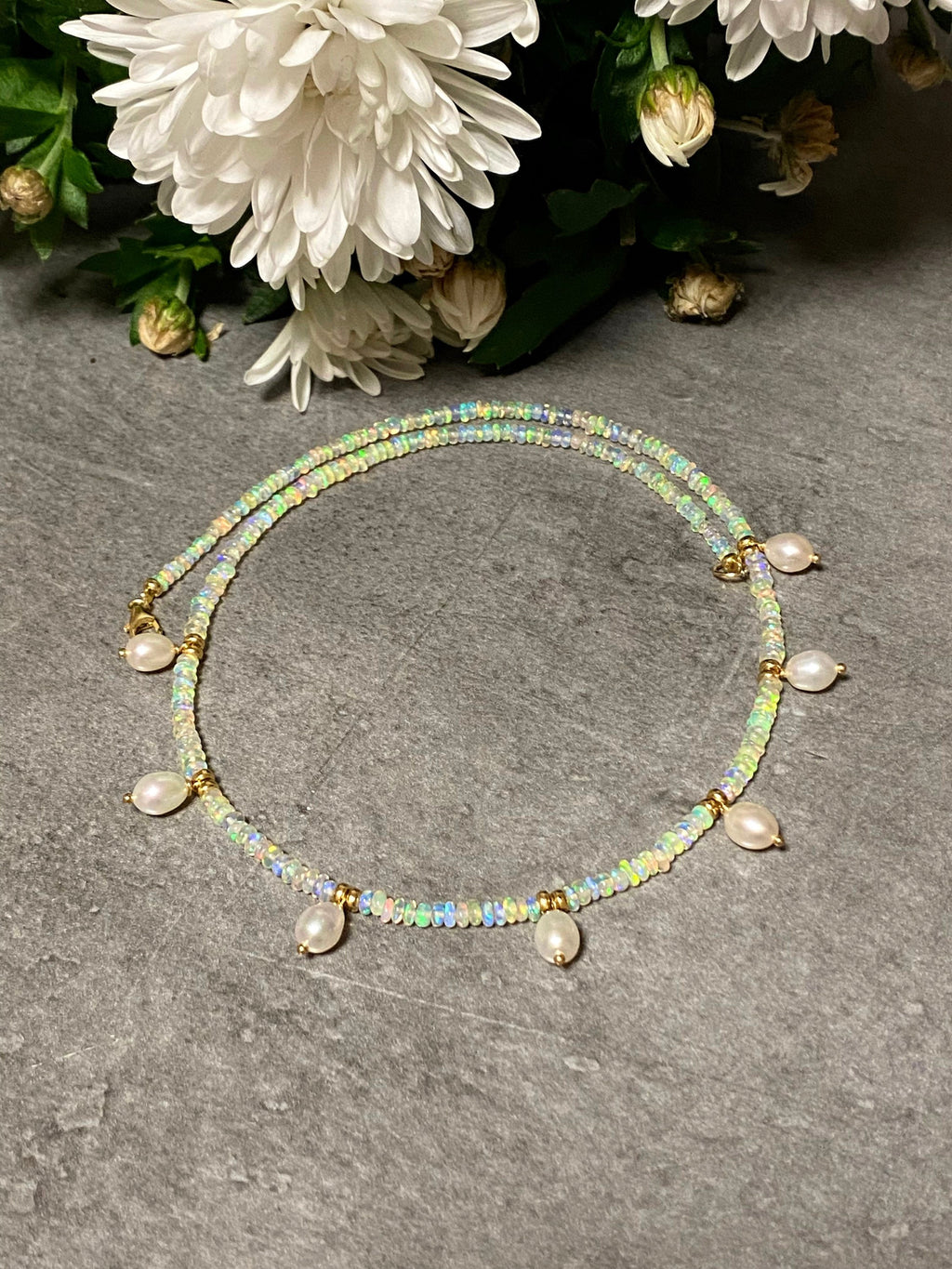 Ethiopian opal and fresh water pearl necklace