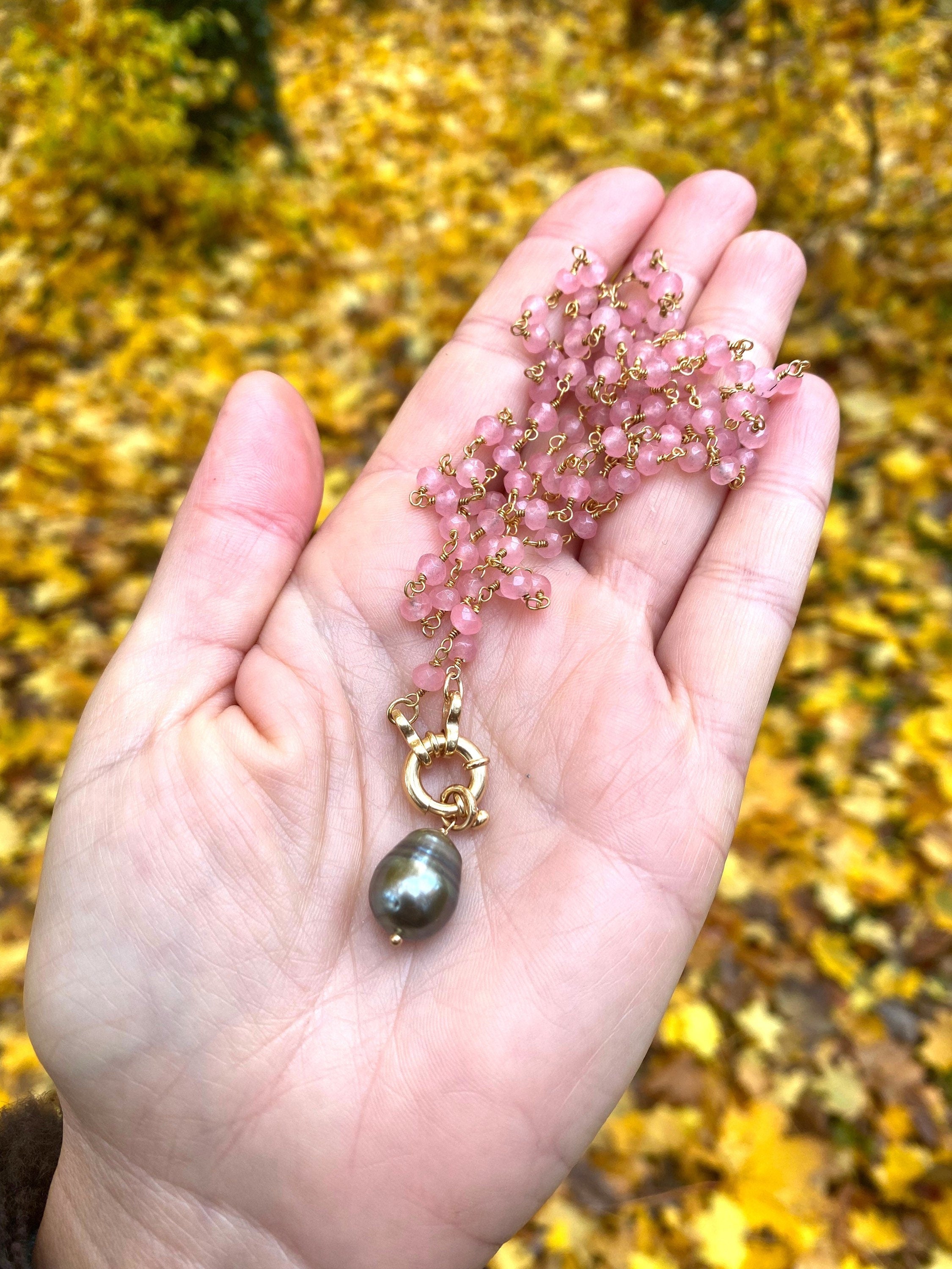 Rose quartz rosary chain with real Tahitian pearl pendant, layered necklace