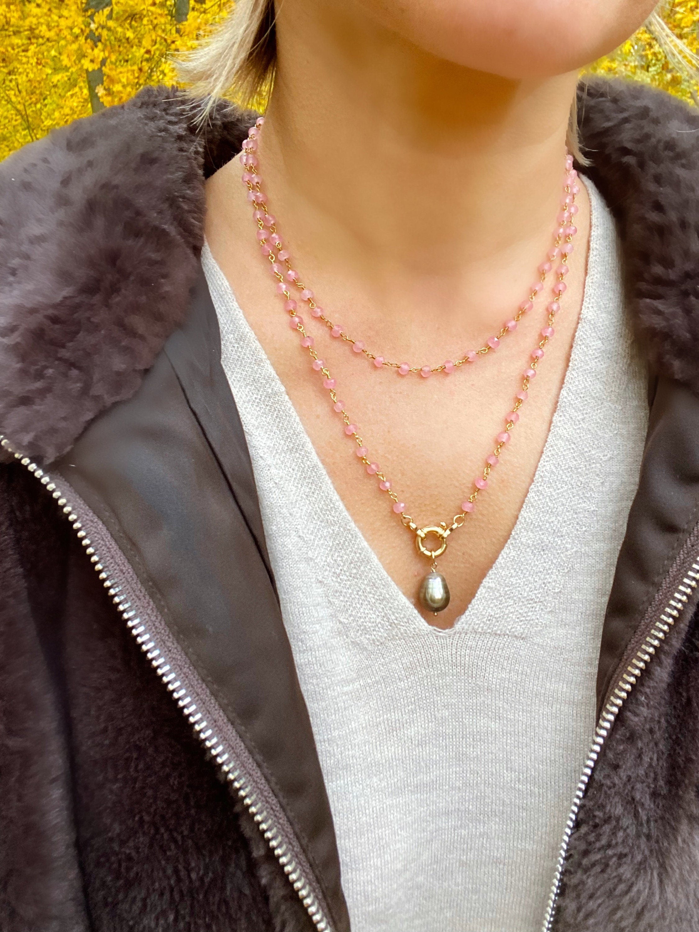Rose quartz rosary chain with real Tahitian pearl pendant, layered necklace