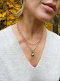 Rose quartz rosary chain with real Tahitian pearl pendant, layered necklace