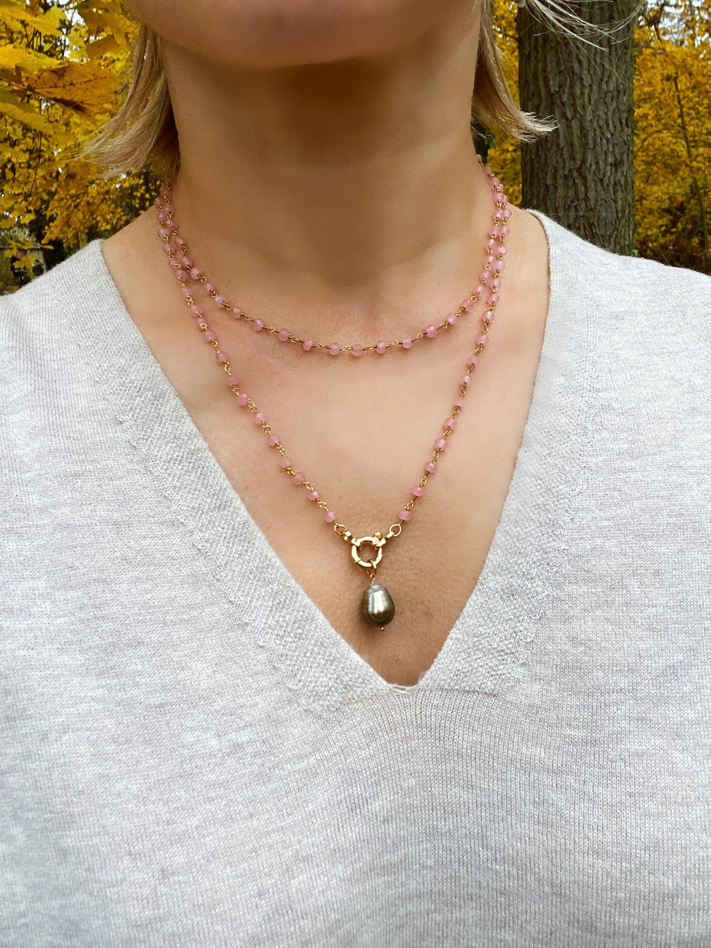Rose quartz rosary chain with real Tahitian pearl pendant, layered necklace