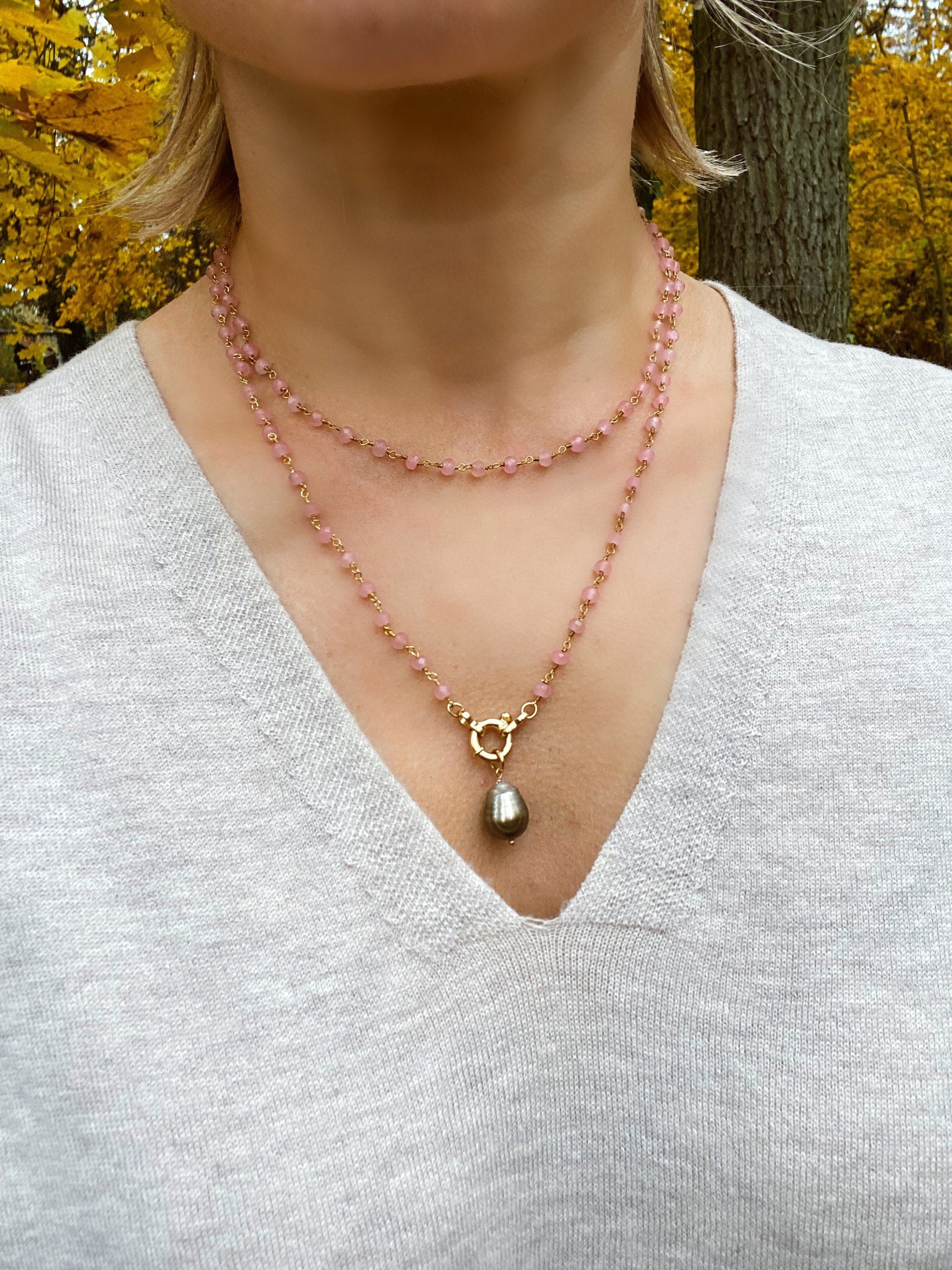 Rose quartz rosary chain with real Tahitian pearl pendant, layered necklace