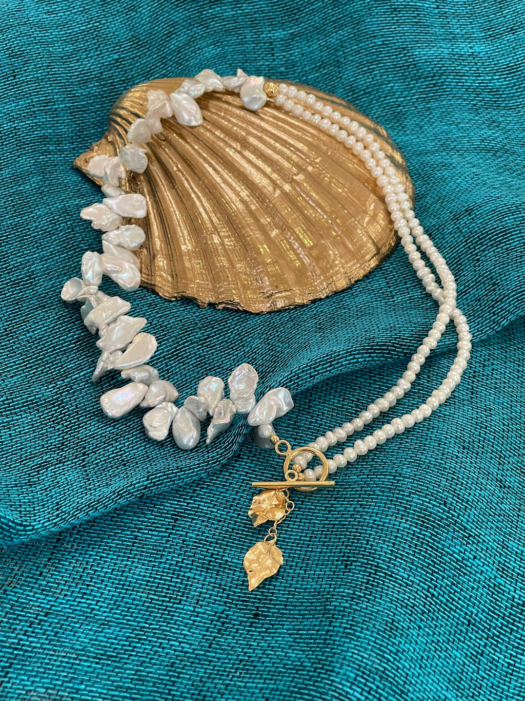 White keshi pearls necklace with golden leaves charms