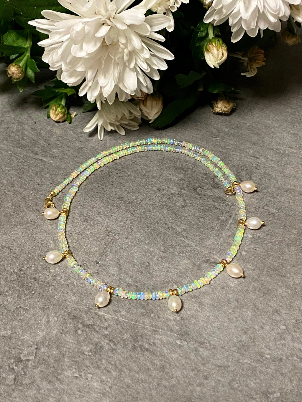 Ethiopian opal and fresh water pearl necklace