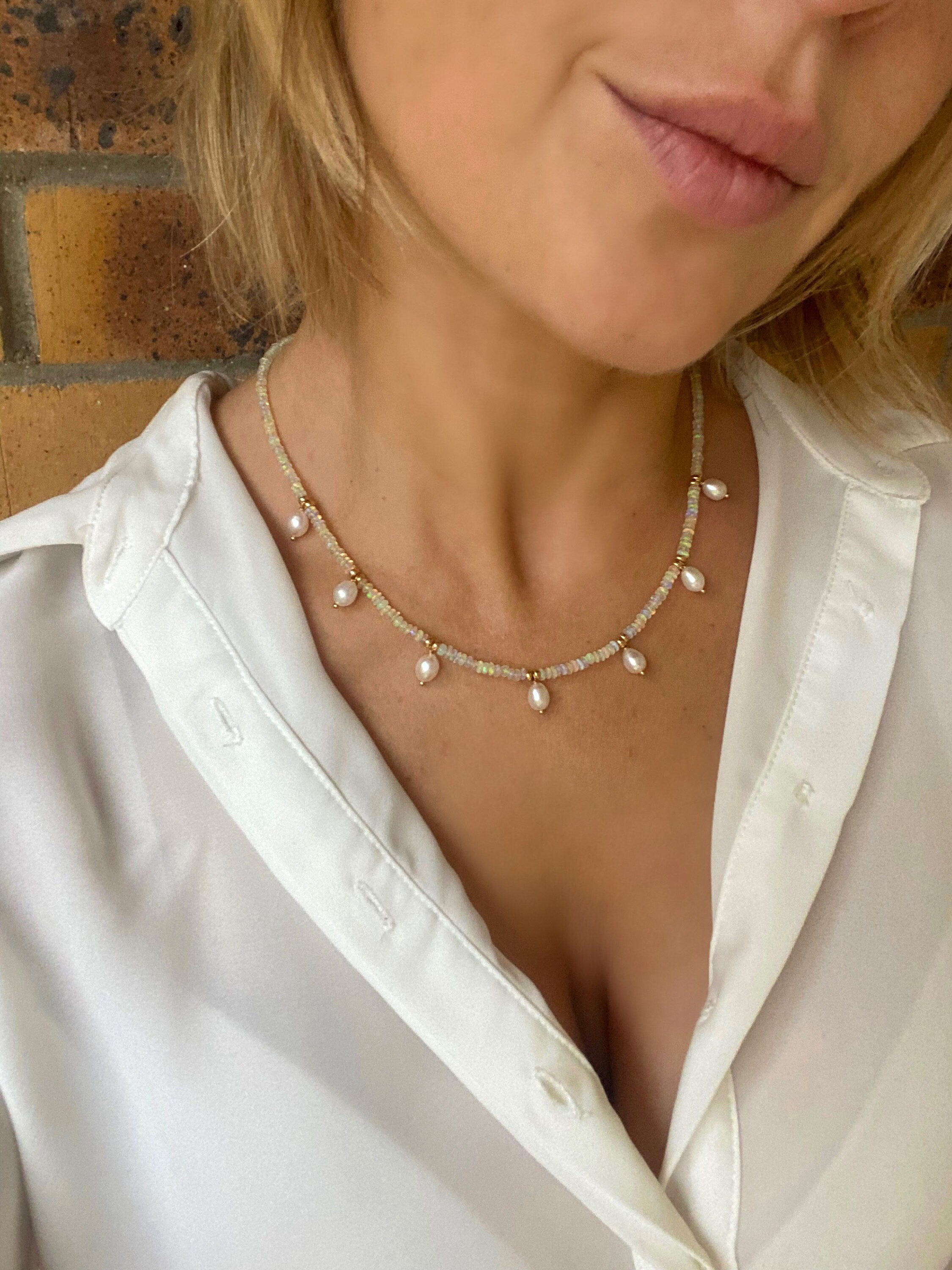 Ethiopian opal and fresh water pearl necklace