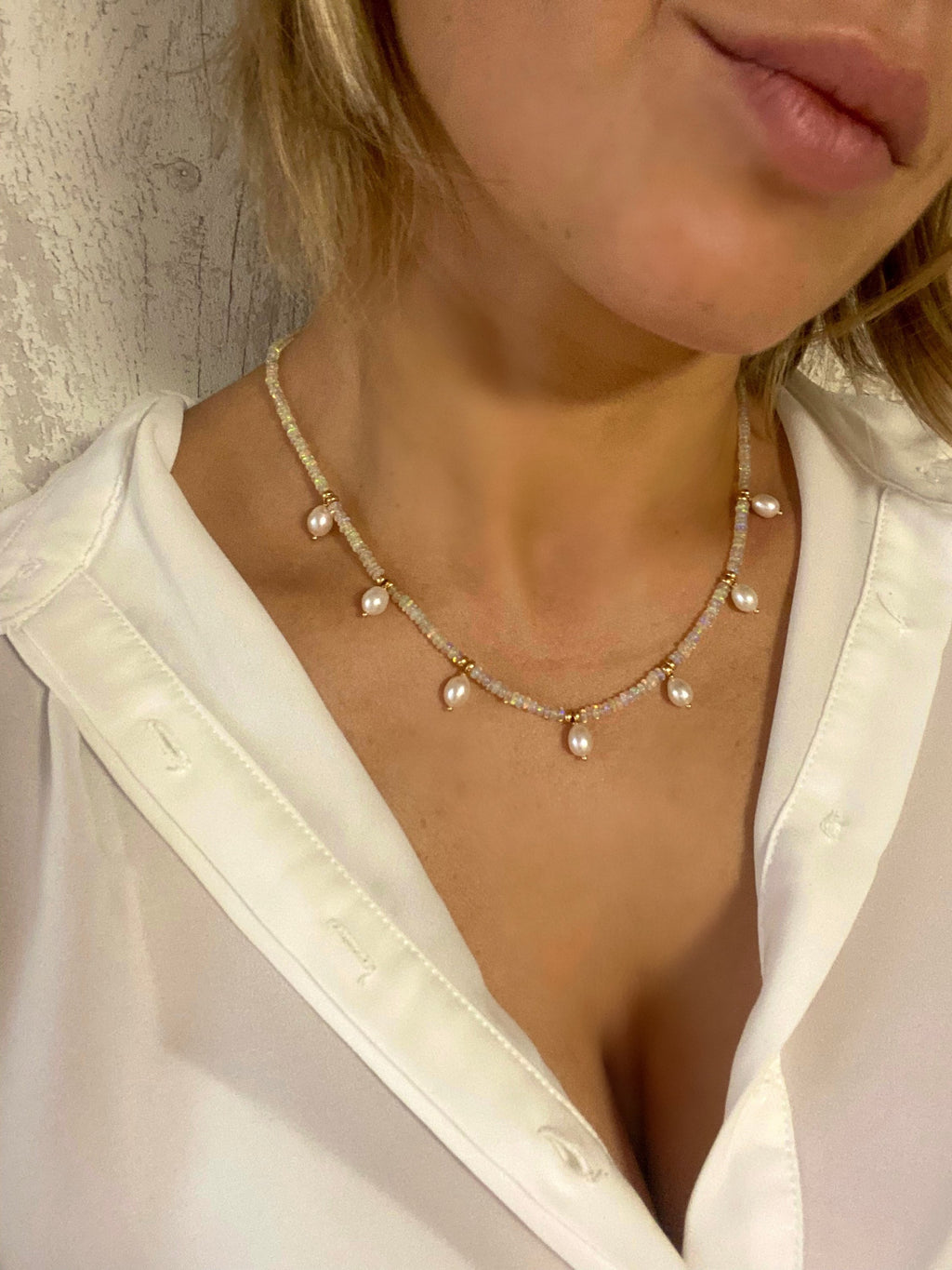 Ethiopian opal and fresh water pearl necklace